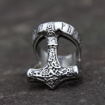 

Nordic Men Women Viking Mjolnir Thor's Hammer Trinity Knot Ring Rune 316L Stainless Steel Rings Amulet Biker Jewelry