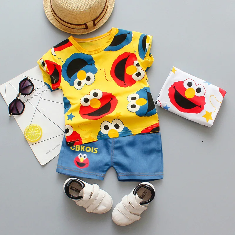 Conjuntos de ropa para bebés, camiseta de manga acortada y cuello redondo de algodón y pantalón corto, diseño de Elmo, para recién nacidos, 2 prendas