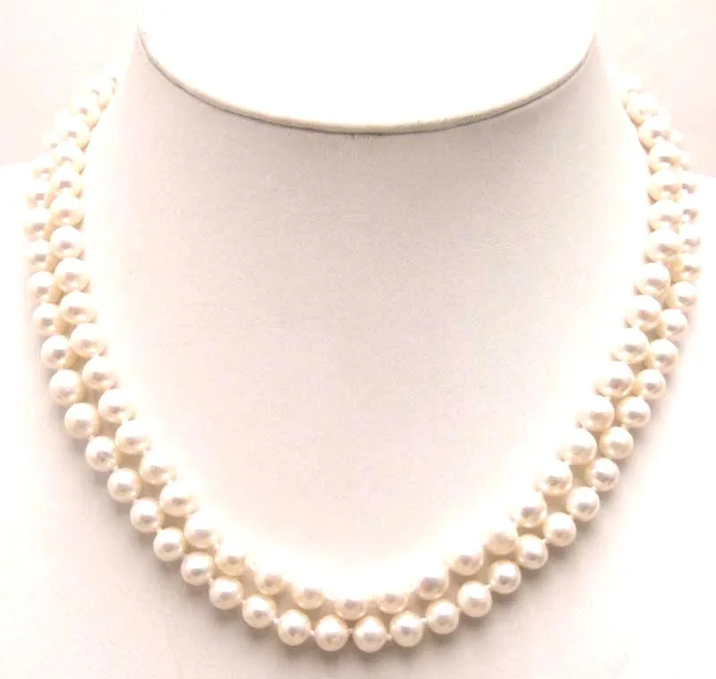 

Qingmos 7-8MM Round Natural Freshwater White Pearl Necklace for Women Two Strands Necklace 17-18" Chokers Jewelry