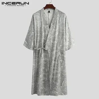 

INCERUN Vintage Men Robes Half Sleeve Printed Sleepwear Casual Japanese Kimono V Neck Lace Up Homewear Mens Cozy Bathrobes 2020