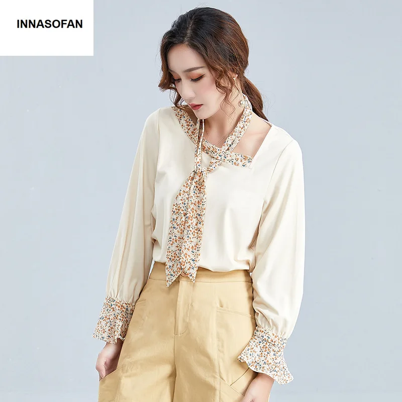 

INNASOFAN OL Elastic Shirt Women Spring Autumn Long-Sleeve Blouse Euro-American Fashion Chic Floral Printed Shirt