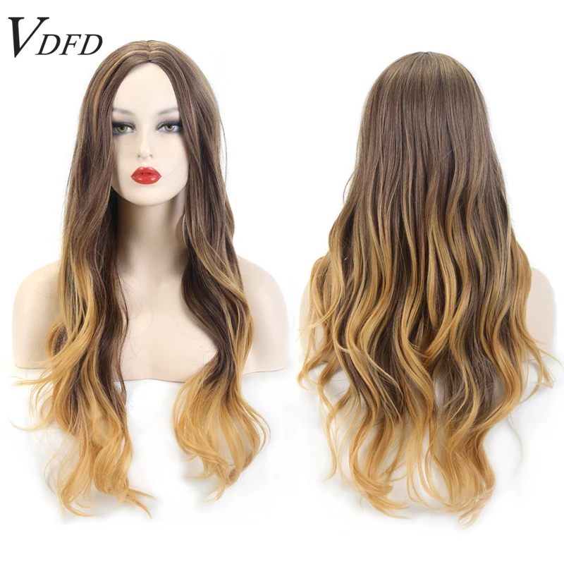 

VDFD Long Natural Wave Synthetic Wig Brown Ombre Golden Hair Wigs Middle Part Heat Resistant for White Black Women Cosplay