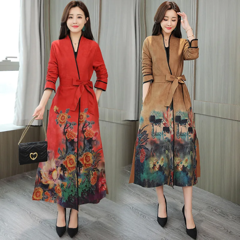 

Suede Trench WOMEN'S Dress 2018 Autumn New Style Ethnic-Style Retro Elegant Printed Middle-aged Women Dress X-long Coat