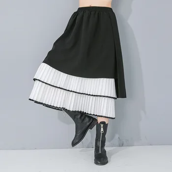 

Street plus size loose all match female clothes 2020 spring black color patchwork Elastic waist Split Skirts for Woman