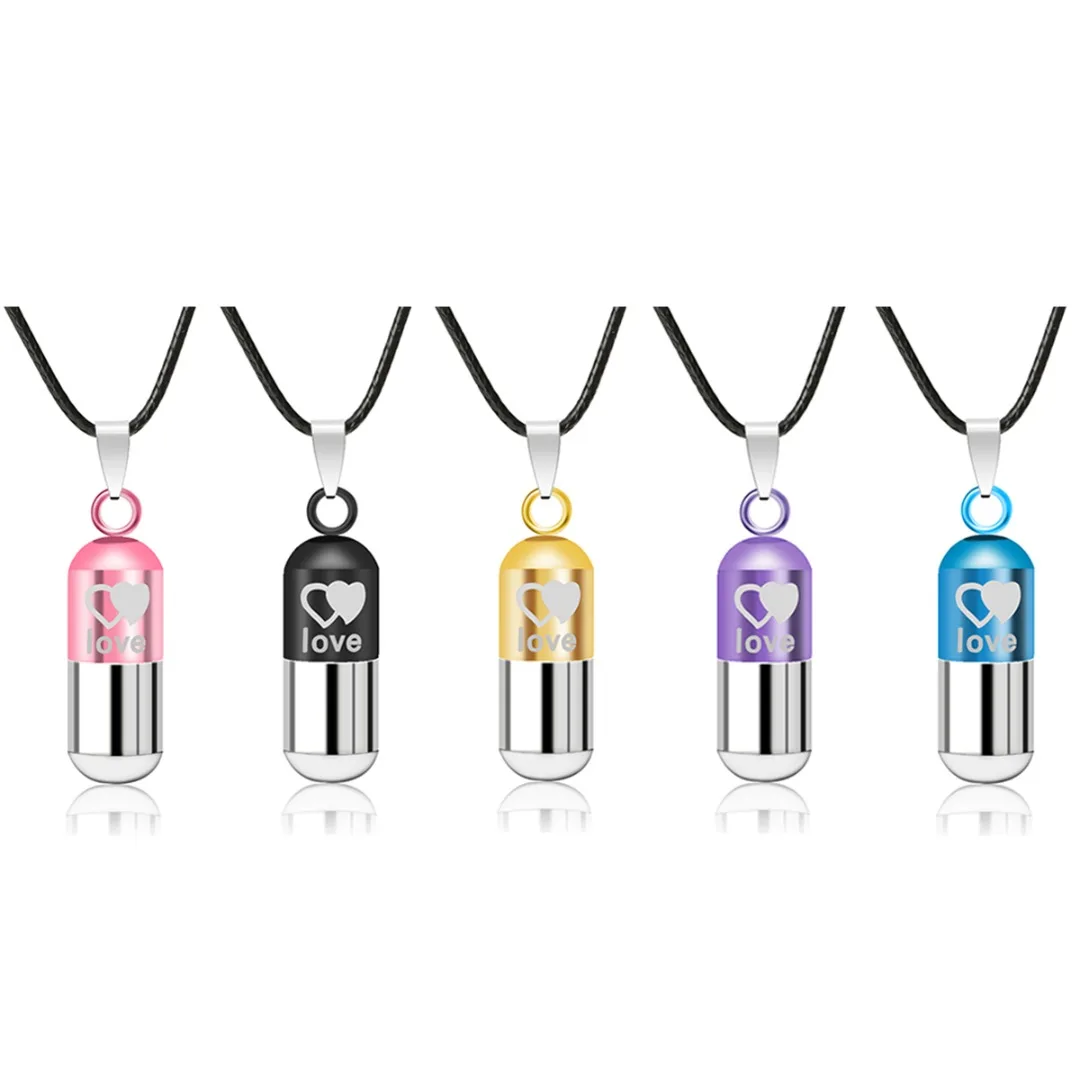 Classic Retro Unisex Metal Urn Cremation Love Pill Box Pendant Necklace Ash Holder Punk Leather Chain Keepsake Vintage Jewelry