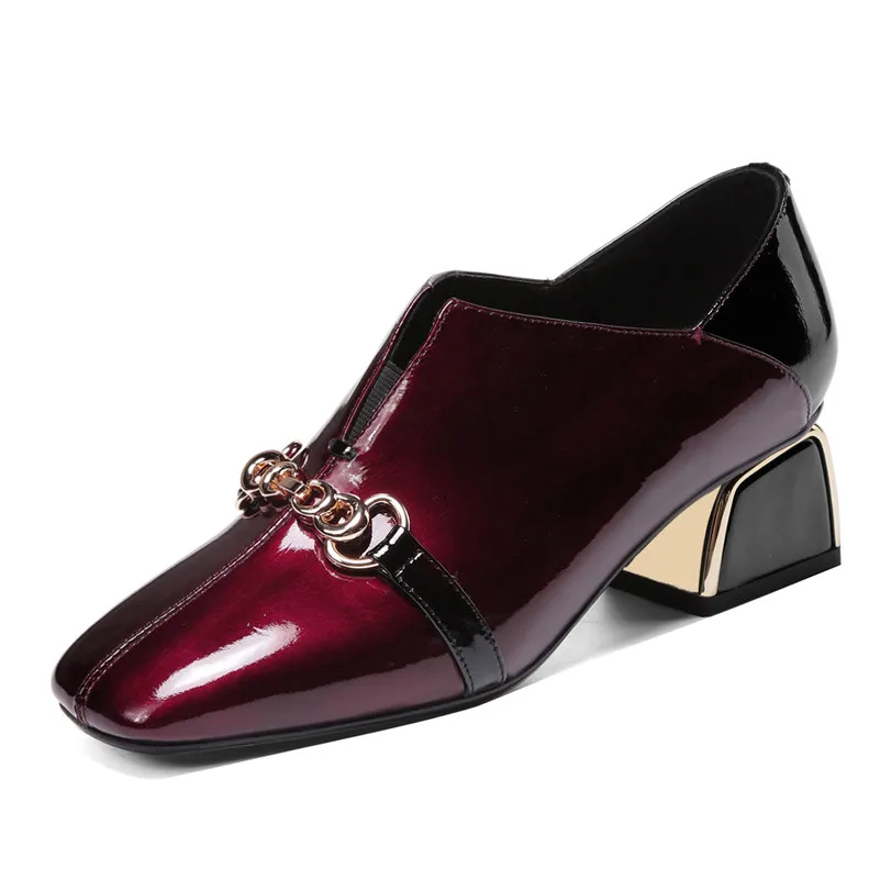 

Chunky Heels Square Toe Retro Women Pumps 2020 Spring Autumn Genuine Leather Metal Deocration Party Single Shoes Woman