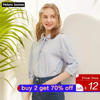 

Metersbonwe Women Striped Blouses Fashion Three Quarter Sleeves Bow-knot Sweet Girls Blouse Shirt Casual Tops