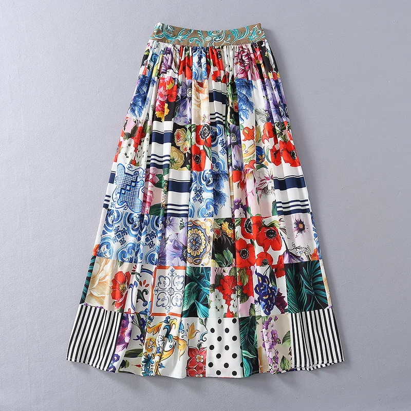 european-and-american-women's-clothing-new-2021-spring-pleated-skirt-with-retro-print-patchwork-pattern