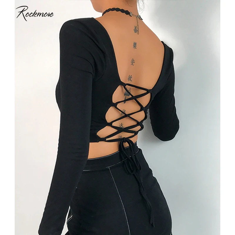 

Rockmore Backless Hollow Out Sexy Women Long Sleeve T Shirt Femme Fall Korean Harajuku Crop Tops Tees T-Shirts Outwear Pullovers