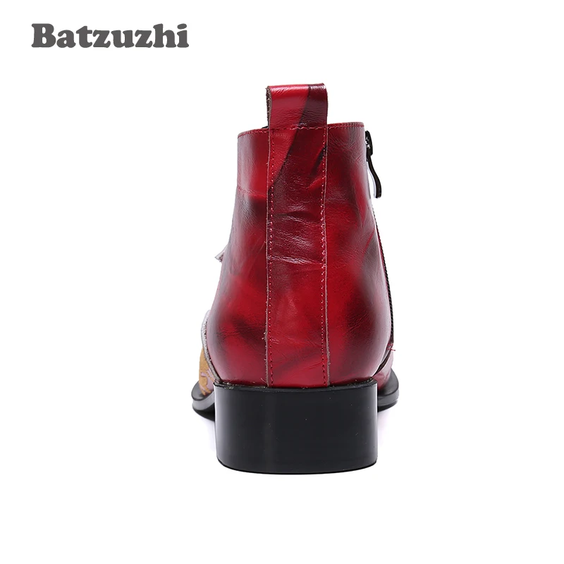 Batzuzhi Italian Style Men Shoes Boots Pointed Iron Toe Leather Ankle Boots Men Red Wedding and Party Shoes Boots Bota Masculina