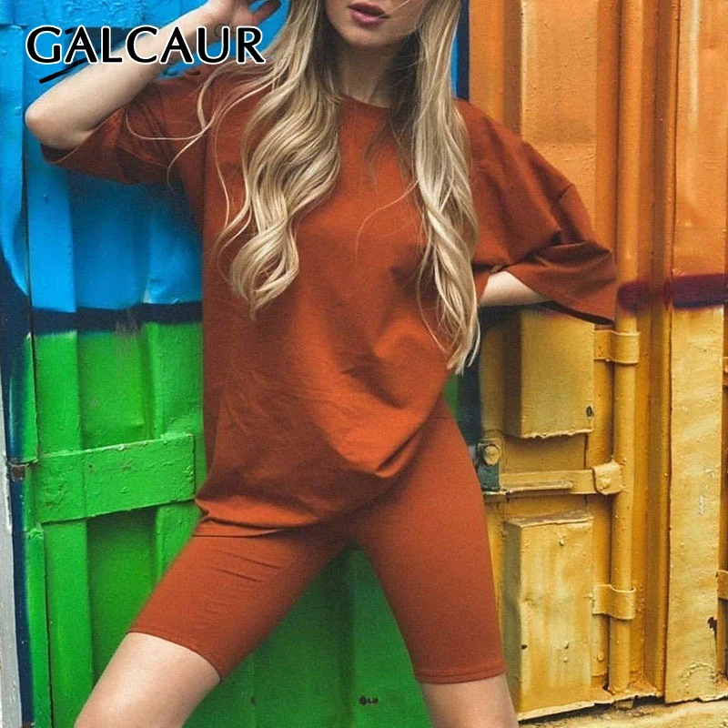 Свободный минималистичный белый женский комплект GALCAUR футболка с круглым