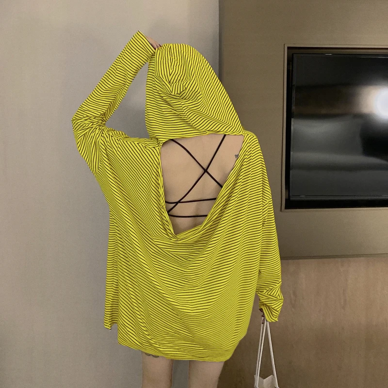 

2020 Hoodies Women Sexy Backless Korean Kawaii Loose Clothes Long Sleeve Crop Hoodie Summer Yellow Pullover Fashion Sweatshirt