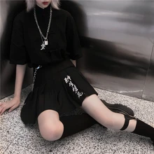 Женская короткая юбка в стиле Харадзюку, ретро, с вышивкой, с высокой талией, черная, элегантная, сексуальная, а-образная, мини, плиссированная юбка, Новинка