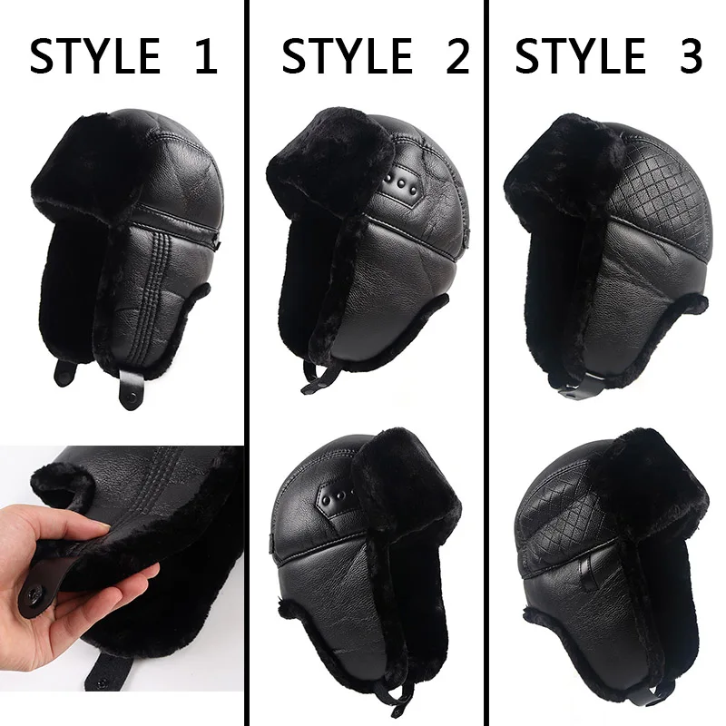Russian Ski Hat Man Soft Leather Bomber Hats Warm Winter Hats Black Fur Earflaps Caps With Ear Flaps Ushanka Dad Soviet Hat winter hat fur hat earflap hat