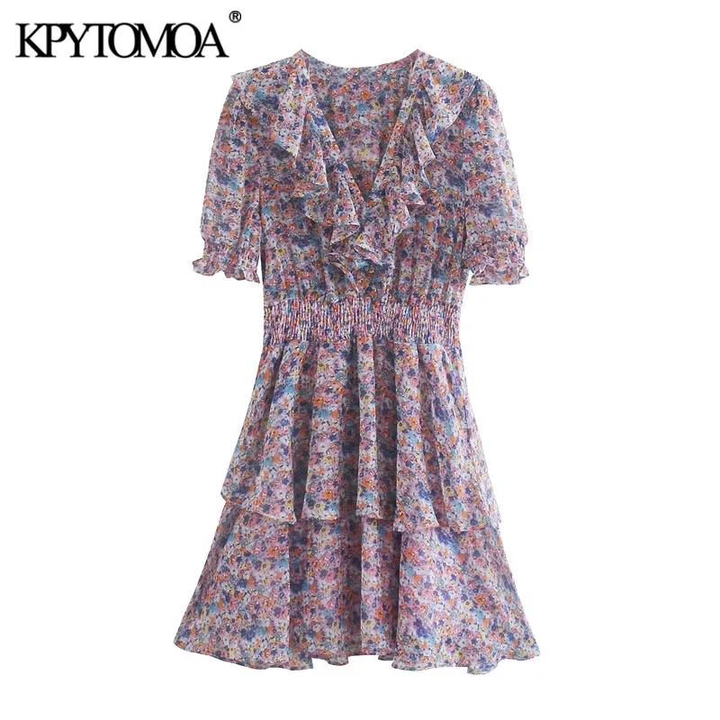 KPYTOMOA Women 2020 Chic Fashion Floral Print Ruffled Mini Dress Vintage Elastic Waist With Lining Female Dresses Vestidos Mujer KPYTOMOA Women 2020 Chic Fashion Floral Print Ruffled Mini Dress Vintage Elastic Waist With Lining Female Dresses Vestidos Mujer