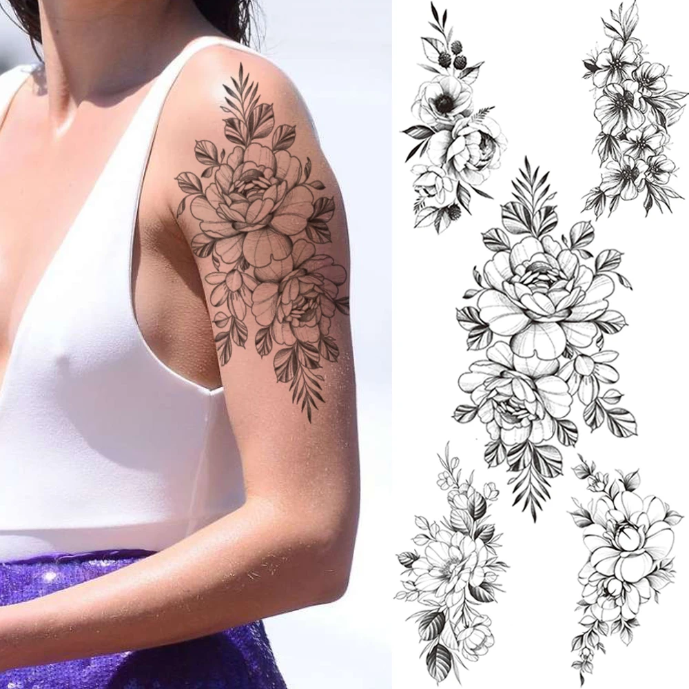 Black Daisy Fake Temporary Tattoos For Women Sunflower Bloosom Peony Tattoo  Lily Sweat Pea Leaf Waterproof Tatoo Snowdrop Chests - Temporary Tattoos -  AliExpress
