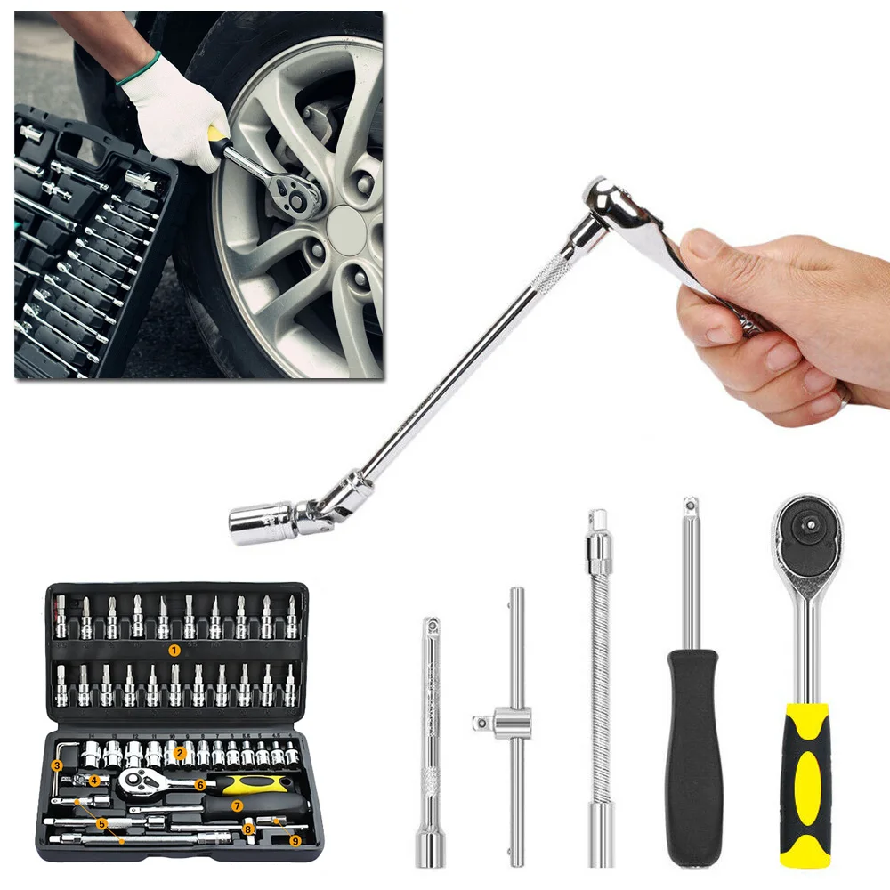 

46Pcs 1/4 Spanner Socket Screwdriver Wrench Ratchet Kit Car Repairing Tools