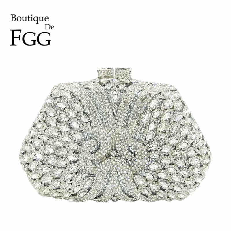 

Boutique De FGG Dazzling Silver Diamond Clutch Purse Women Crystal Bags Evening Wedding Party Handbag Bridal Metal Minaudiere