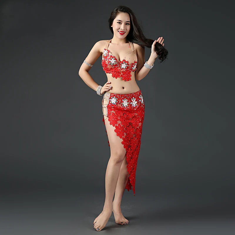 Lace Woman Belly Dance Costume Suits Club Stage 2Pcs Top&Long  Wear Skirt Dress 