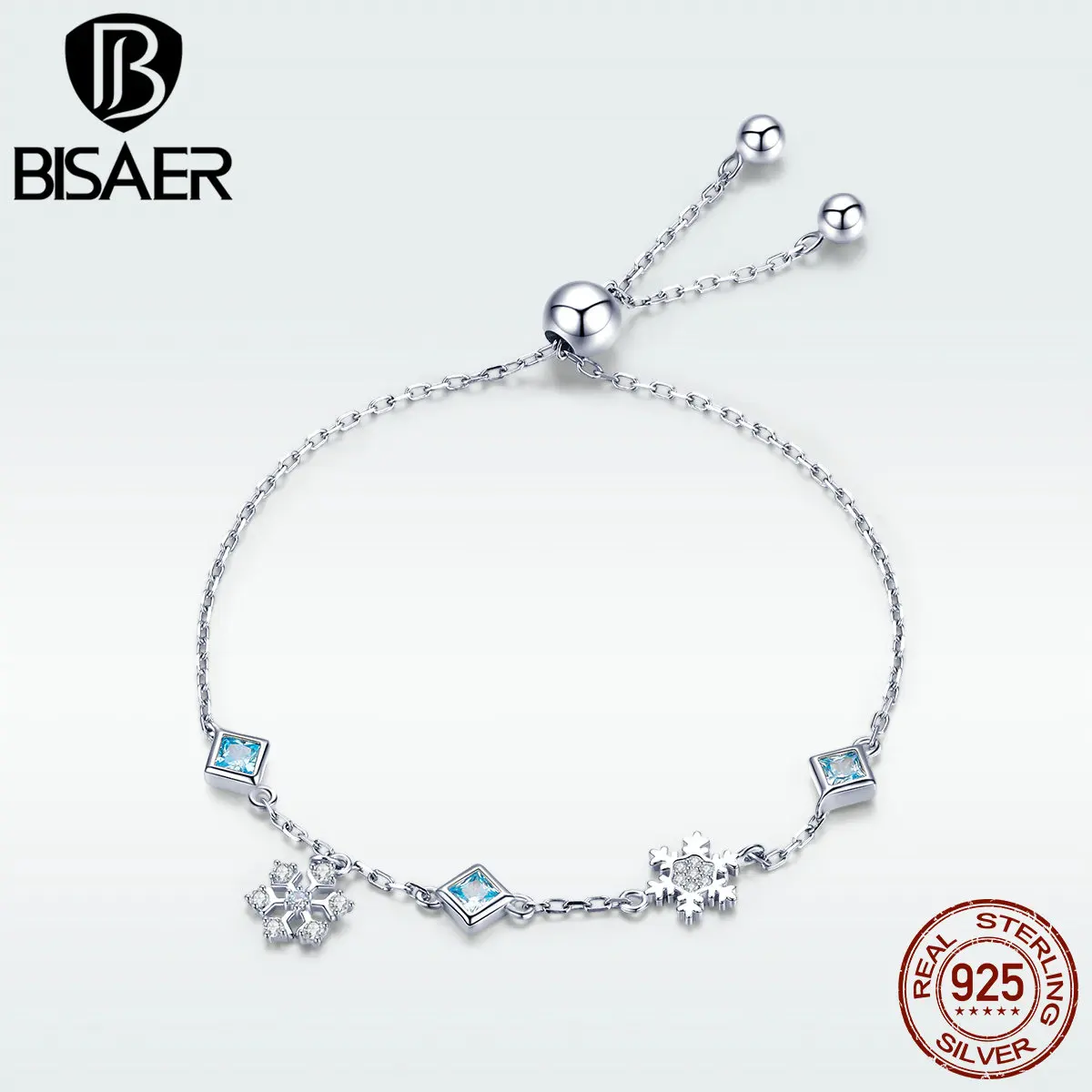 

BISAER Silver Bracelets 925 Sterling Silver Winter Snowflake Eliza Snow Ice Queen Link Chain Bracelet for Girl Gift GAB001