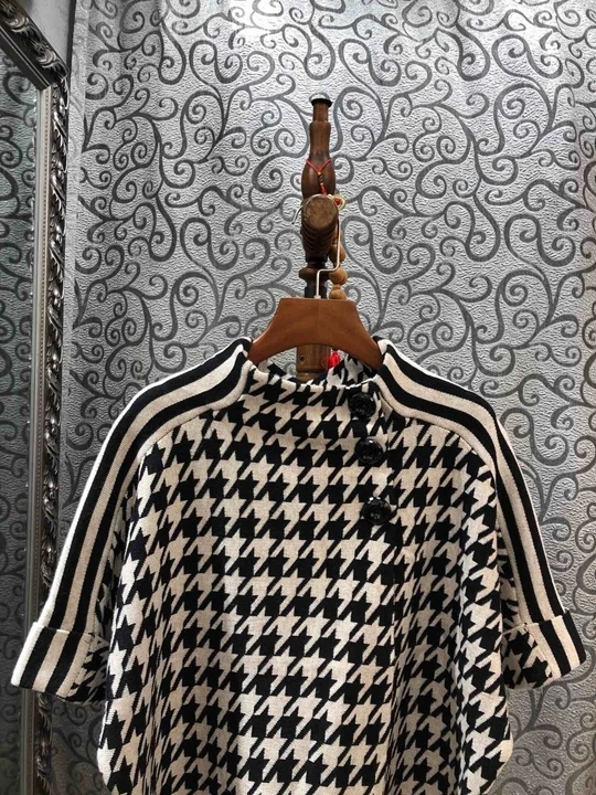 and Autumn winter new women's round neck thousand bird pattern woven stripe decoration all over loose top T-shirt 1013