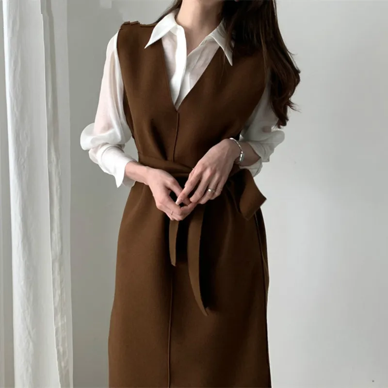 

New 2020 Autumn Spring Women Dresses Sashes Solid Split Straight Knitting Warm Sweater Elegant Office Ladies party dress