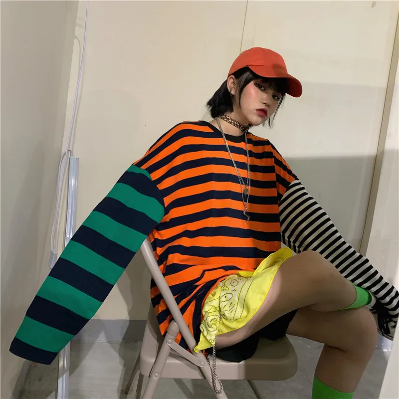Новая Осенняя женская футболка, топы 2020, корейский стиль, Ulzzang Harajuku, пэчворк, цветная, в полоску, с длинным рукавом, футболка для женщин, футбо... Новая Осенняя женская футболка, топы 2020, корейский стиль, Ulzzang Harajuku, пэчворк, цветная, в полоску, с длинным рукавом, футболка для женщин, футбо...