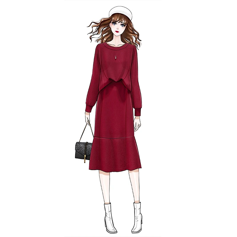 

Large size Women's Knitted Cotton lady Set Sweater 2019 Autumn and Winter New Fat Sister Knit Top skirt Two-Piece Set