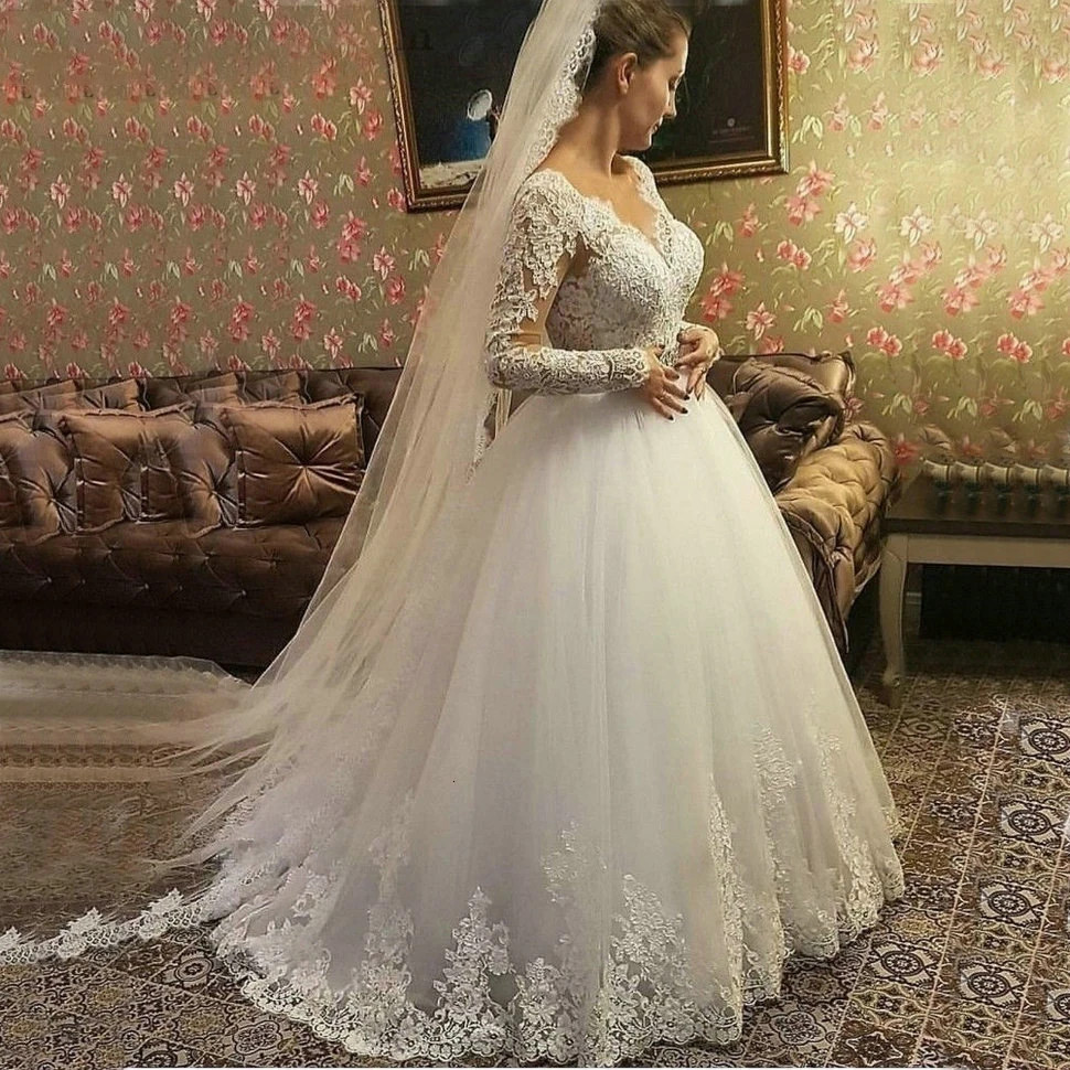 Новинка,, кружевное свадебное платье с длинными рукавами, бальное платье, v-образный вырез, длина до пола, тюль, свадебное платье с аппликацией, кружевное платье для свадьбы