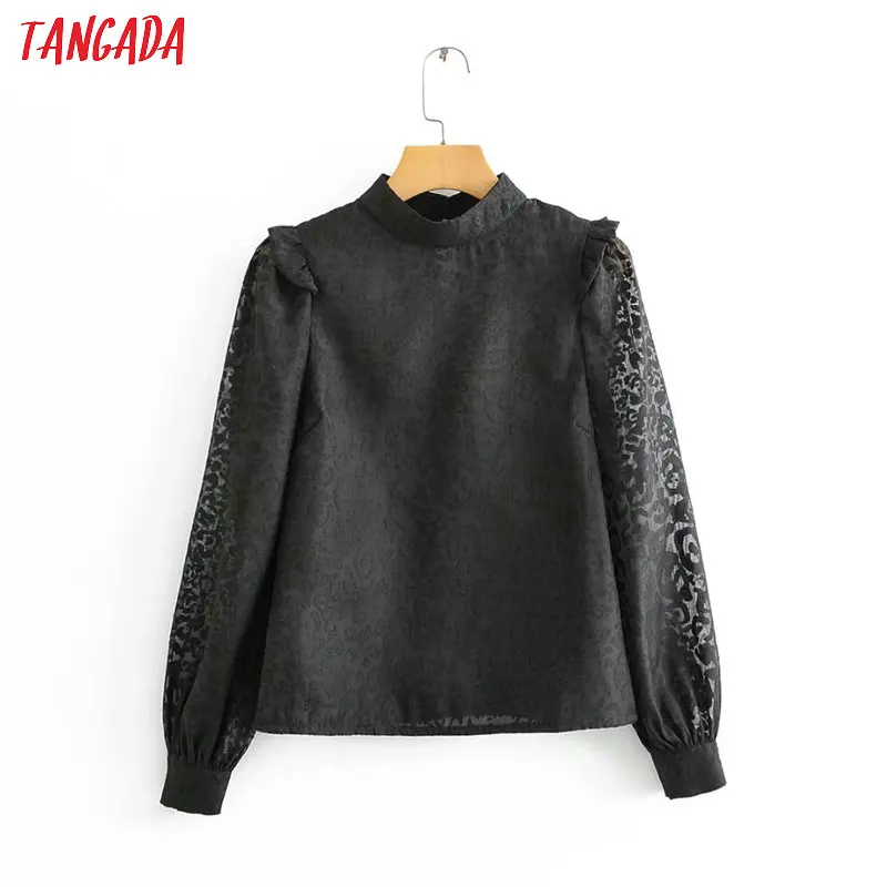 

Tangada women leopard print black blouse european fashion patchwork transparent long sleeve shirts female chic tops QJ135