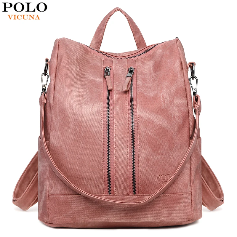 

VICUNA POLO Solid Brand Leather Women Backpack Durable Stylish College School Backpack Bag For Girls Travel Shoulder Bag mochila