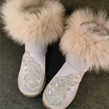 Женская обувь; женские ботинки; ботинки до середины икры; зимние сапоги; модные кожаные ботинки на плоской подошве со стразами и лисьим мехом; Новинка года; зимние теплые ботинки; X9