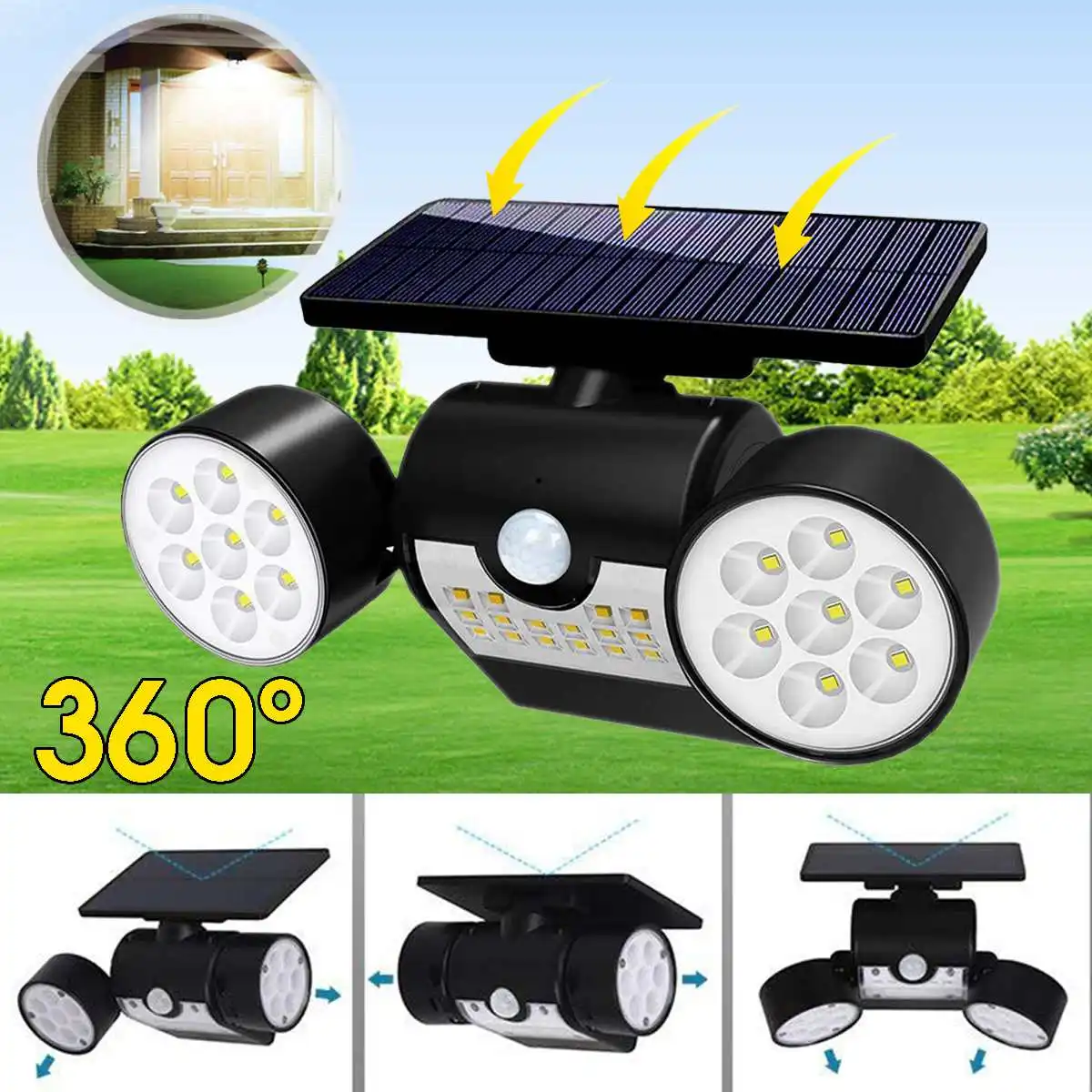 

LED Solar Light Waterproof IP65 Dual Head Solar Lamp PIR Motion Sensor Light with Solar Panels Auto Turn On/Off Spotlight Home