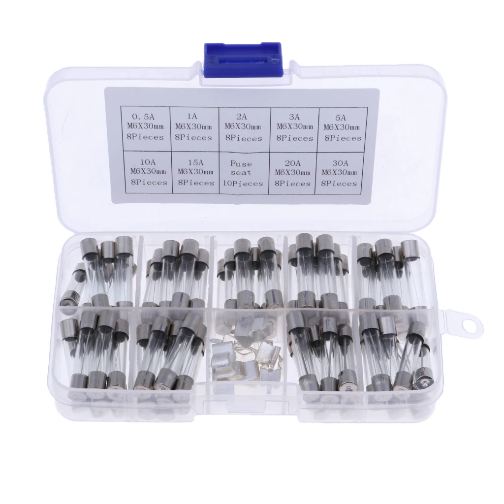 72Pack 6x30mm 0.5A-30A Fast-blow Glass Tube Fuses Kits for electronics