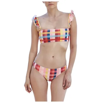 

Fashion bikini swimwear women Sexy Square Collar Print Ruffle Sing Backless Bikini Split Swimsuit купальник Free Shipping D4