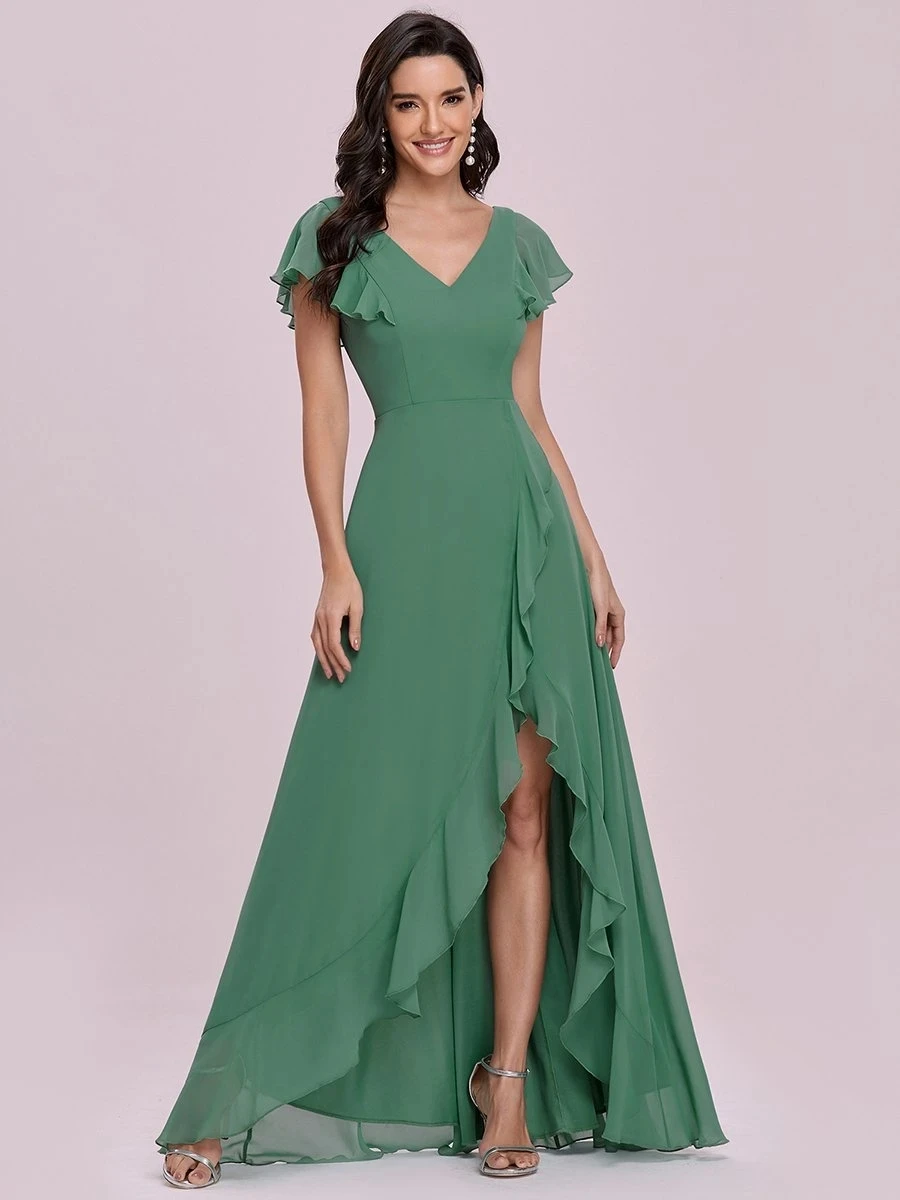 petite formal dresses & gowns Simple Sweet Party Dress Lotus Lleaf Sleeves Long V Neck Chiffon Backless Ever Pretty 2022 Bridesmaid Dresses Vestidos De Gala ball gown