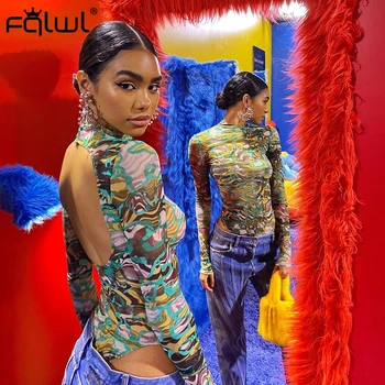 

FQLWL Multicolor Print Sexy Bodycon Bodysuit Women Top Long Sleeve Backless Summer Bodysuit Female Ladies Rompers Women Jumpsuit