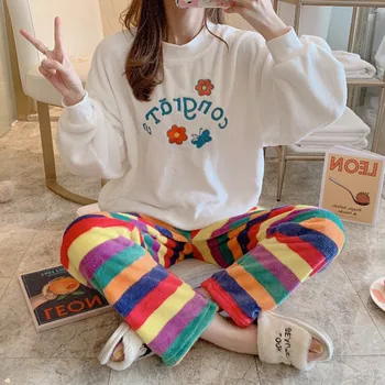

FZSLCYIYI Autumn Sweet Flower Butterfly Coral Flannel Pajamas Sets Thick Warm Nightwear Female Long Sleeve Pants Pijama Homewear