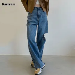 Karrram vintage solto rasgado jeans feminino buraco rasgado calças de brim senhoras streetwear azul jeans mãe perna larga calças de brim cintura alta kpop