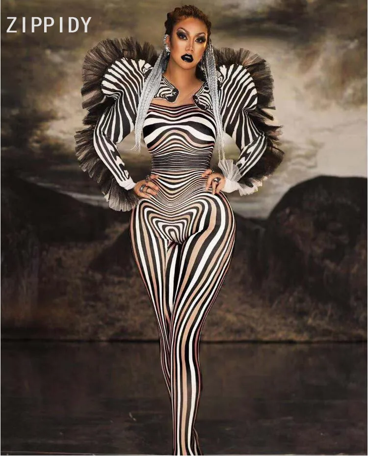

New Style Zebra Pattern Jumpsuit Women Singer Sexy Stage Outfit Bar DS Dance Cosplay Bodysuit Costume Prom Clothes