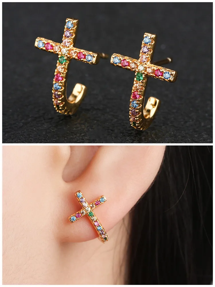 Разноцветные циркоовые diamonds крест серьги со шпилькой для women14k цвет золотистый