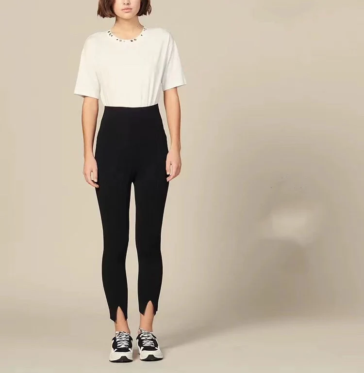 

Women Pants 2019 Autumn and Winter New High-waist Split Tight-fitting Stretch Knit Pants
