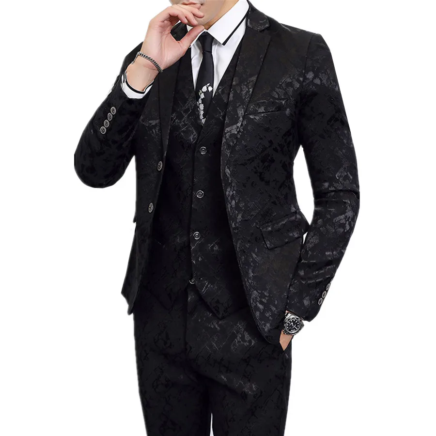 

Left ROM Brand Luxury Men Wedding Suits Black/Blue Business Banquet Party Dress Sets Slim Fit Male Clothing