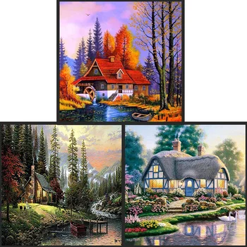 

5D New Diamond Painting Garden Hut Diamond Embroidered Flowers Full Drill Cross Stitch All Posted Forest Lake Scenery