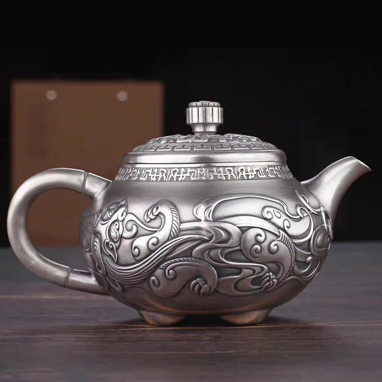Чайный сервиз из серебра 999 пробы с двумя драконами, серебряный чайный чайник кунг-фу