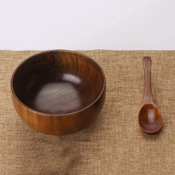 

1pc Chinese round wooden bowl wooden bowl Japanese style rice soup bowl salad bowl food container wooden tableware