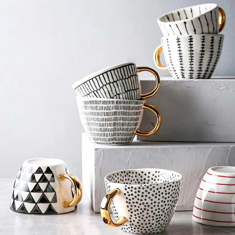 Hand Painted Geometric Ceramic Mugs Gold Handle Irregular Cups
