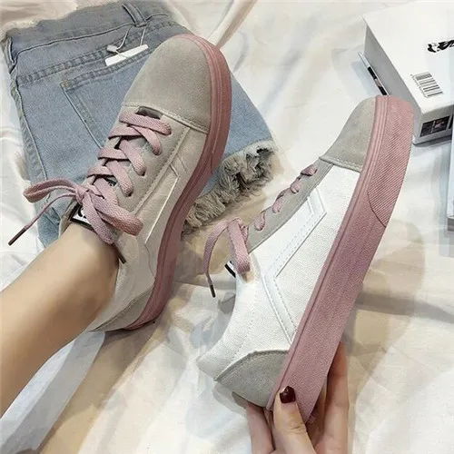 LVYIKANG/ г. Весенние женские вулканизированные туфли модные светлые холщовые туфли на плоской подошве женские повседневные низкие модные кроссовки на шнуровке 36-40 - Цвет: white pink