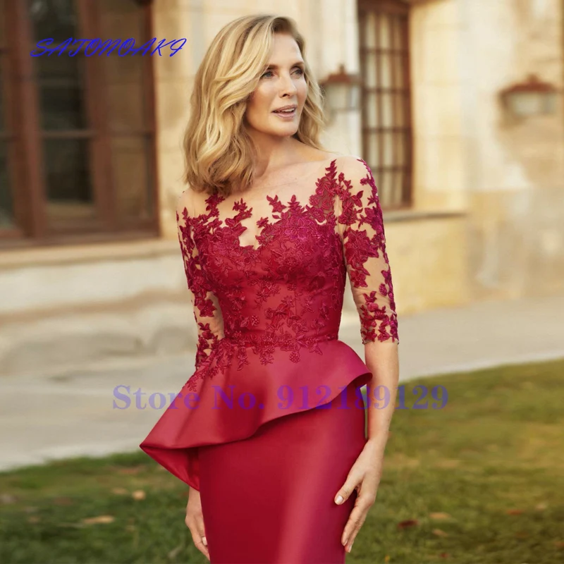 Mother Bride Dresses Modern Classic Red Short Mother of the Bride Dresses Knee Length 3/4 Sleeves Jewel Neck Party Gowns Vestidos De Fiesta