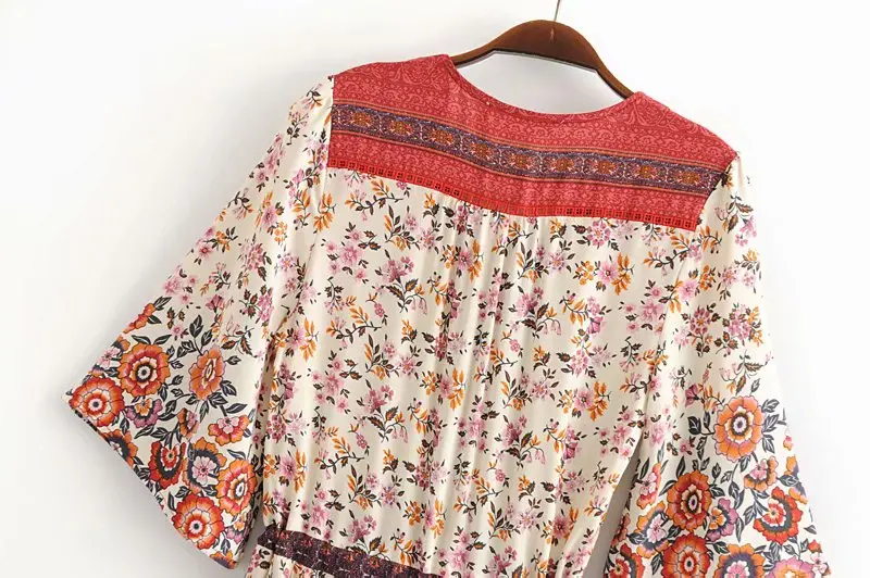 Boho шикарные женские платья, красные цветочные принты, рукав летучая мышь, пляжные богемные вискозные Хлопковые Платья-макси, Дамское богемное платье с v-образным вырезом и кисточками